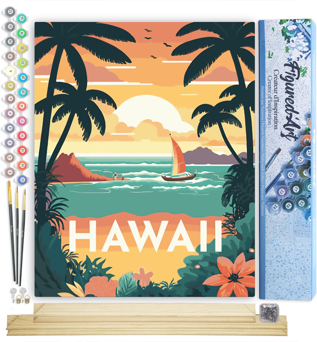 FiguredArt Schilderen op Nummer Volwassenen canvas Reisposter Hawaï- Handwerk acrylverf Kit DIY Compleet - 40x50cm met DIY houten lijst